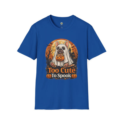 French Bulldog - Too Cute To Spook Halloween T-Shirt | Frenchie in Ghost Costume | Gildan Softstyle 64000 Premium Tee