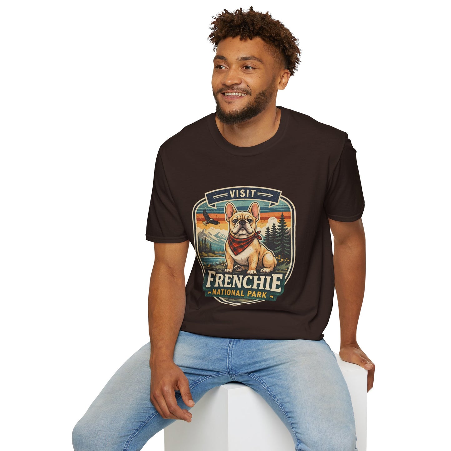 French Bulldog National Park T-Shirt | Vintage Badge Design with Mountains and Sunset for Dog Lovers | Gildan Softstyle 64000 Premium Tee