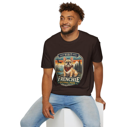French Bulldog National Park T-Shirt | Vintage Badge Design with Mountains and Sunset for Dog Lovers | Gildan Softstyle 64000 Premium Tee