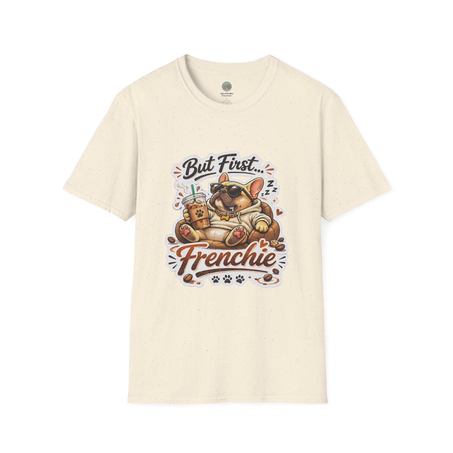 French Bulldog T-Shirt - But First Frenchie | Cute Sleeping Frenchie with Coffee Cup Morning Design | Gildan Softstyle 64000 Premium Tee