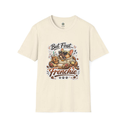 French Bulldog T-Shirt - But First Frenchie | Cute Sleeping Frenchie with Coffee Cup Morning Design | Gildan Softstyle 64000 Premium Tee