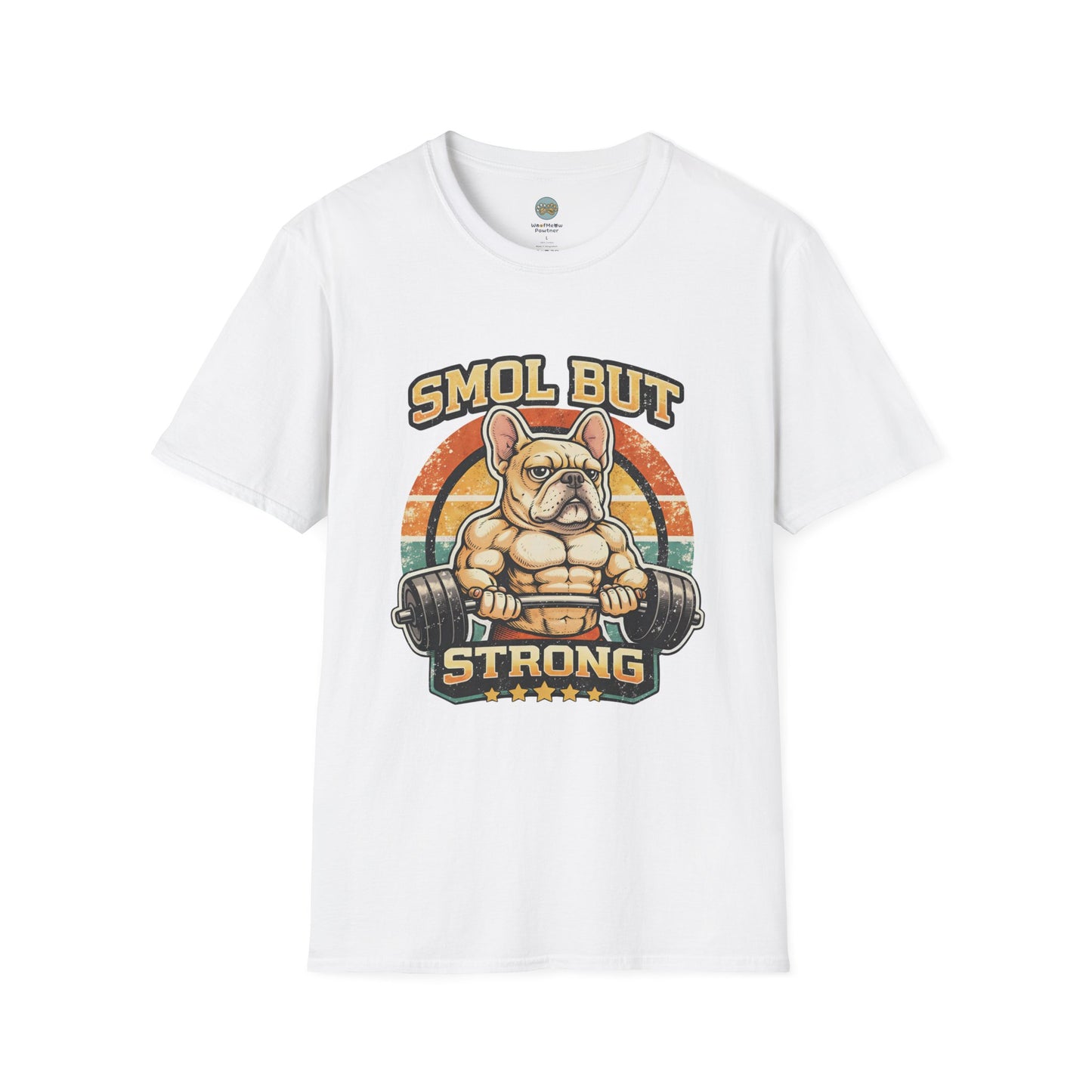 French Bulldog Gym T-Shirt | Smol But Strong - Frenchie Lifting Weights Retro Gym Vibe Design | Gildan Softstyle 64000 Premium Tee