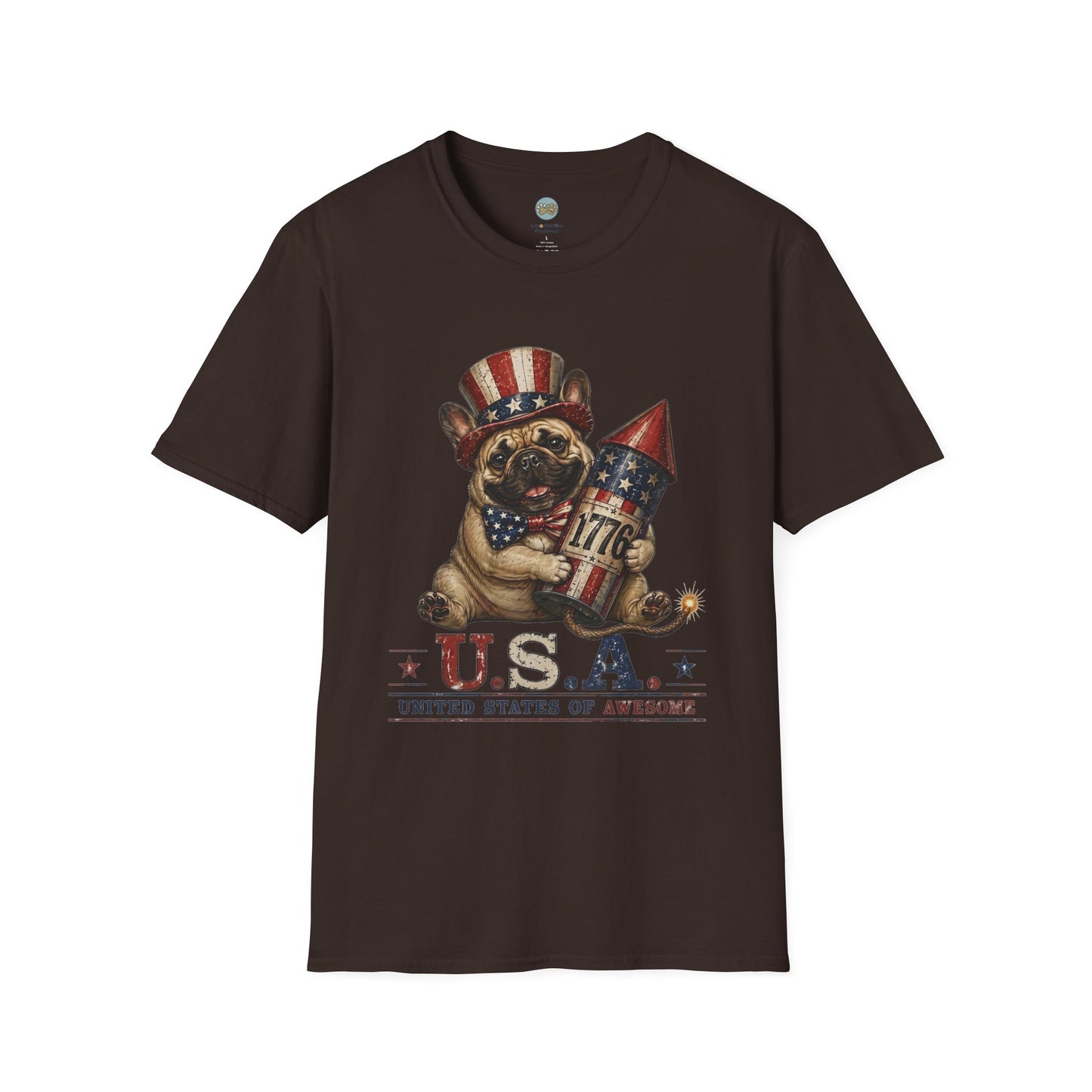 USA United States of Awesome 4th of July T-Shirt | Frenchie with 1776 Firework | Gildan Softstyle 64000