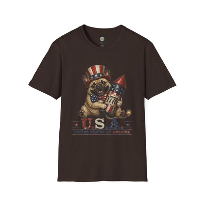 USA United States of Awesome 4th of July T-Shirt | Frenchie with 1776 Firework | Gildan Softstyle 64000
