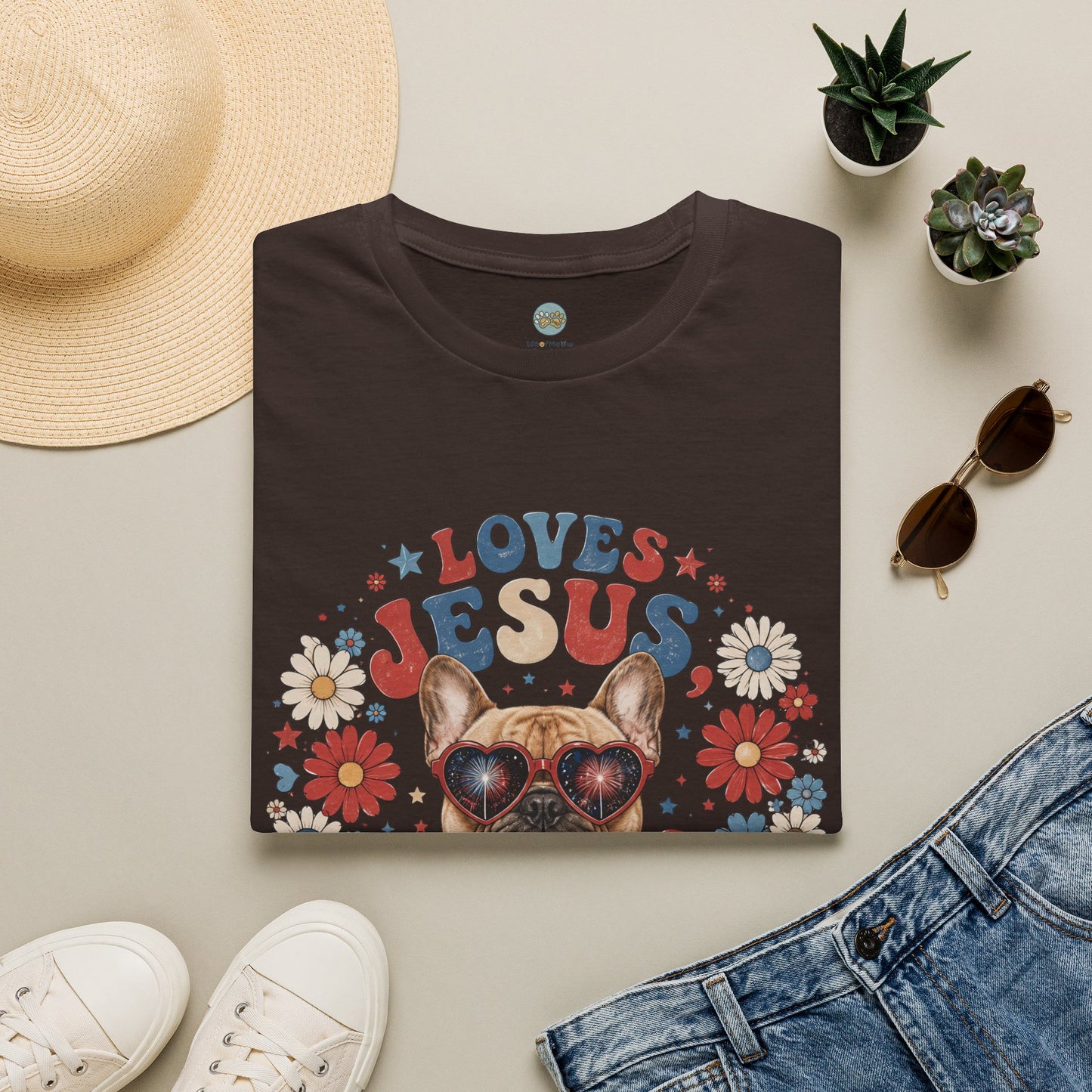 Loves Jesus America and Frenchie Too T-Shirt | French Bulldog Dog Mom Design | Gildan Softstyle 64000