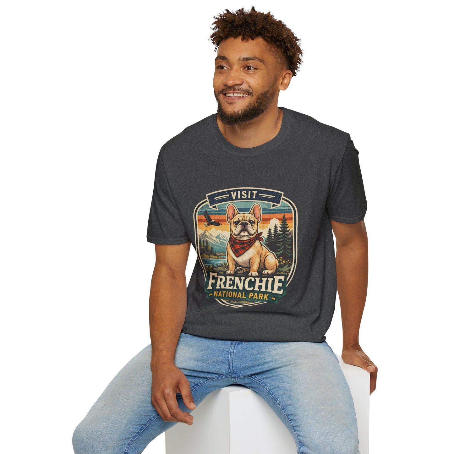 French Bulldog National Park T-Shirt | Vintage Badge Design with Mountains and Sunset for Dog Lovers | Gildan Softstyle 64000 Premium Tee