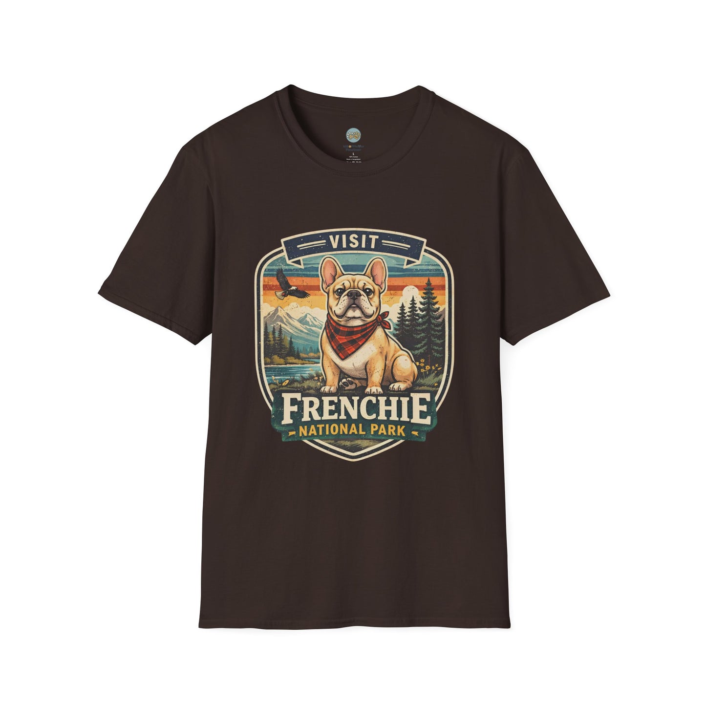 French Bulldog National Park T-Shirt | Vintage Badge Design with Mountains and Sunset for Dog Lovers | Gildan Softstyle 64000 Premium Tee