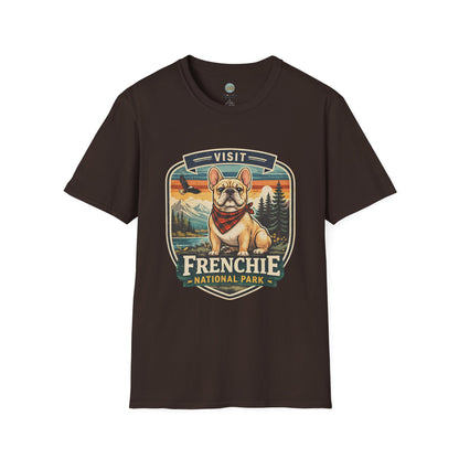 French Bulldog National Park T-Shirt | Vintage Badge Design with Mountains and Sunset for Dog Lovers | Gildan Softstyle 64000 Premium Tee