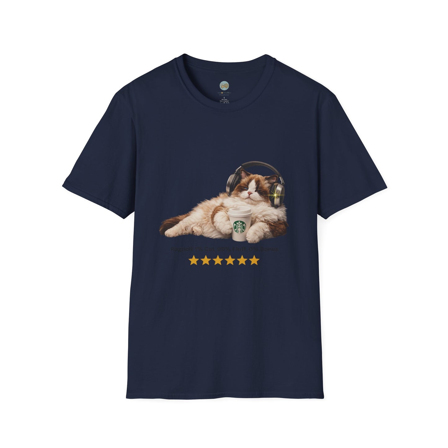 Cat Coffee Review T-Shirt — Relaxed Cat with Headphones & 5-Star Latte Tee | Gildan Softstyle 64000 Premium Tee