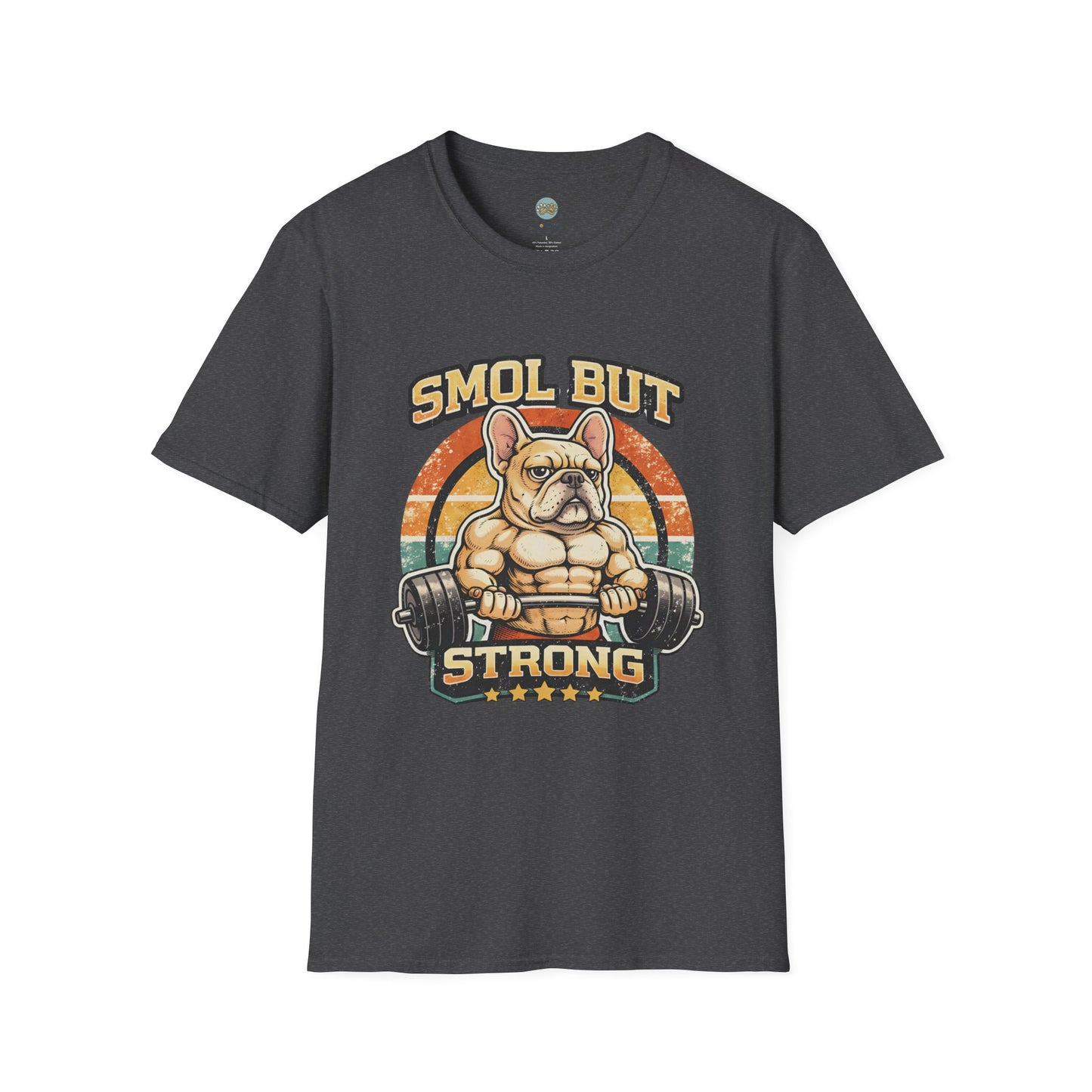 French Bulldog Gym T-Shirt | Smol But Strong - Frenchie Lifting Weights Retro Gym Vibe Design | Gildan Softstyle 64000 Premium Tee