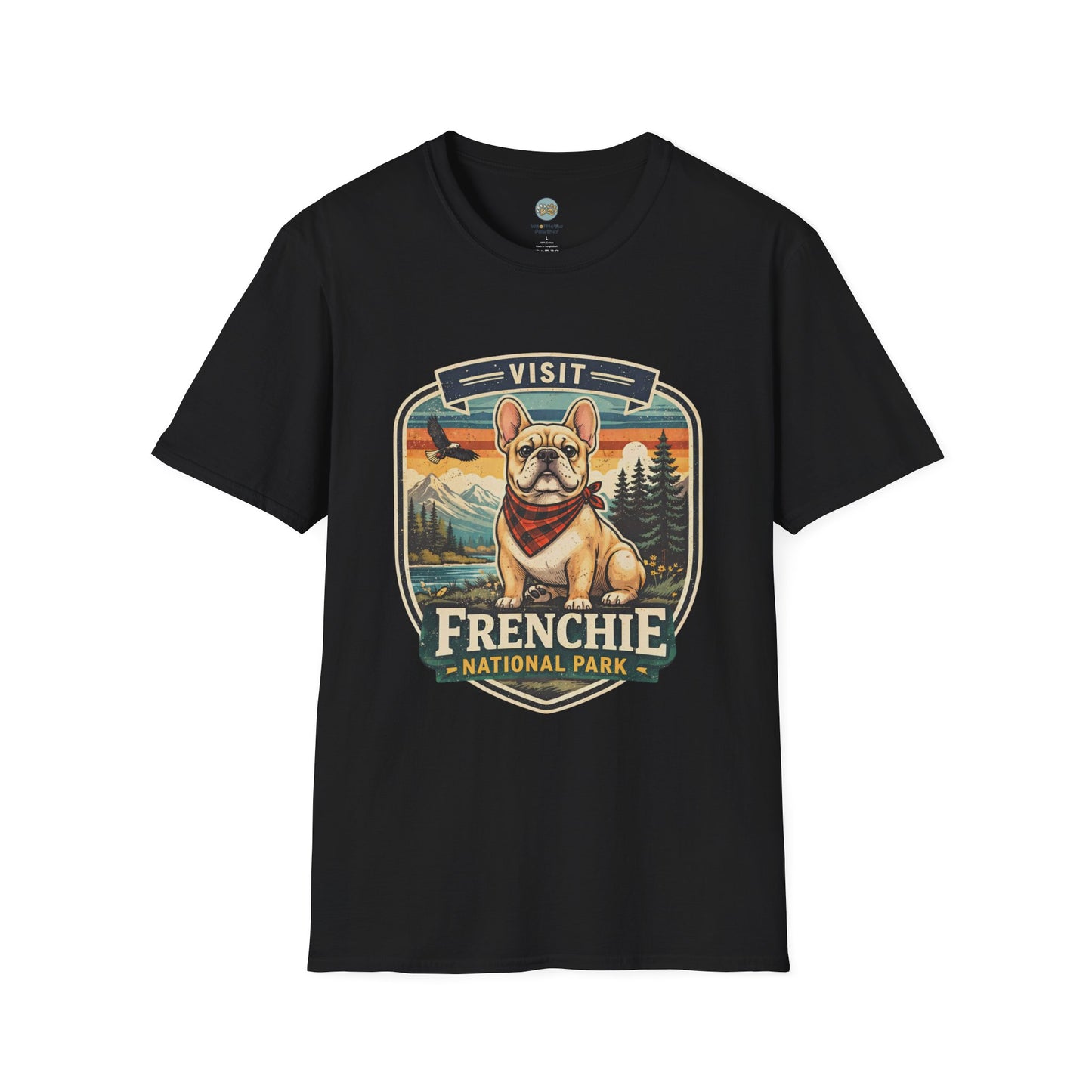 French Bulldog National Park T-Shirt | Vintage Badge Design with Mountains and Sunset for Dog Lovers | Gildan Softstyle 64000 Premium Tee