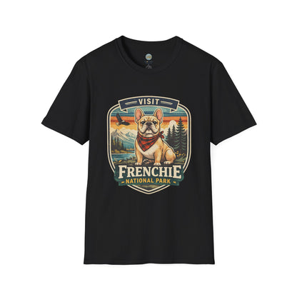 French Bulldog National Park T-Shirt | Vintage Badge Design with Mountains and Sunset for Dog Lovers | Gildan Softstyle 64000 Premium Tee