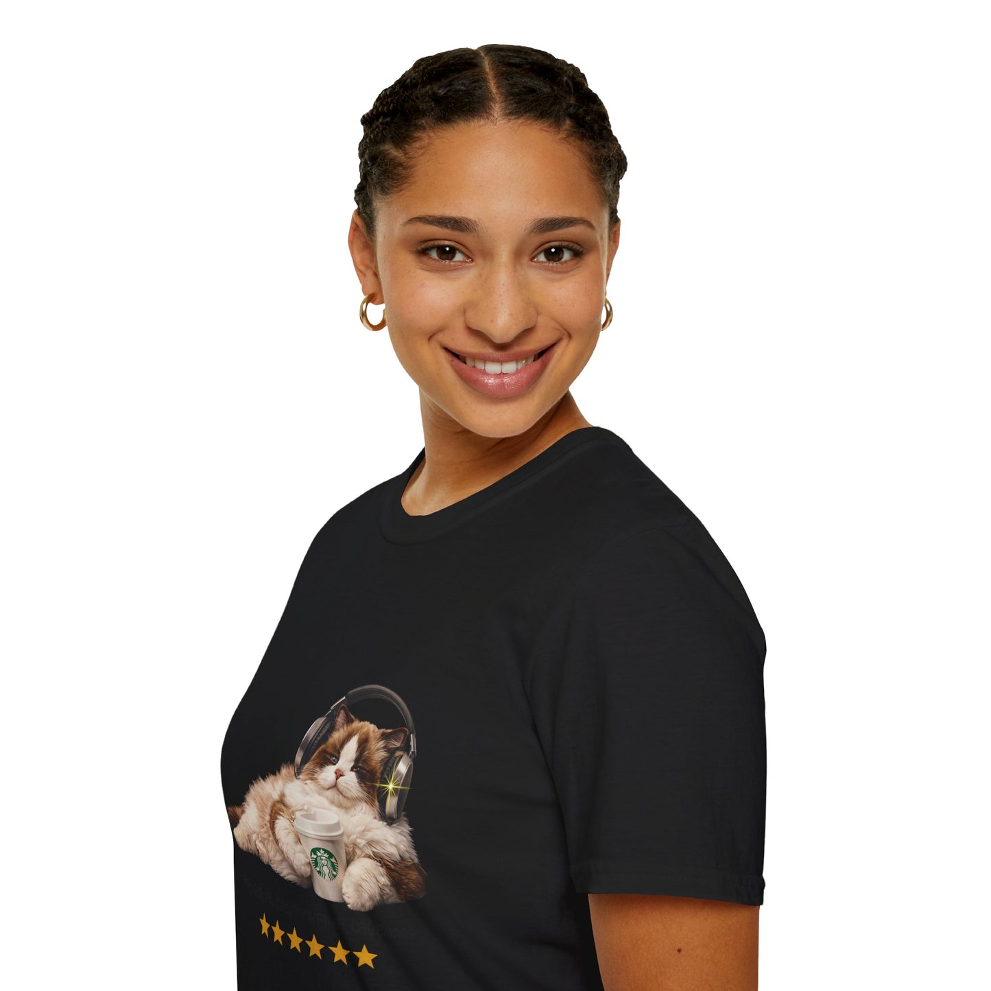 Cat Coffee Review T-Shirt — Relaxed Cat with Headphones & 5-Star Latte Tee | Gildan Softstyle 64000 Premium Tee