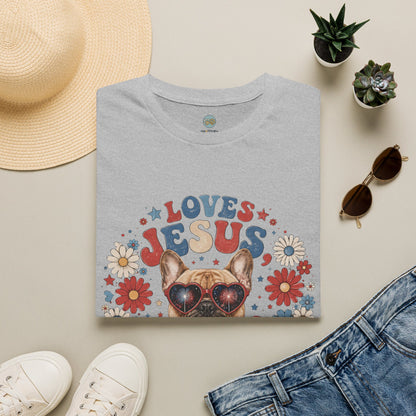 Loves Jesus America and Frenchie Too T-Shirt | French Bulldog Dog Mom Design | Gildan Softstyle 64000