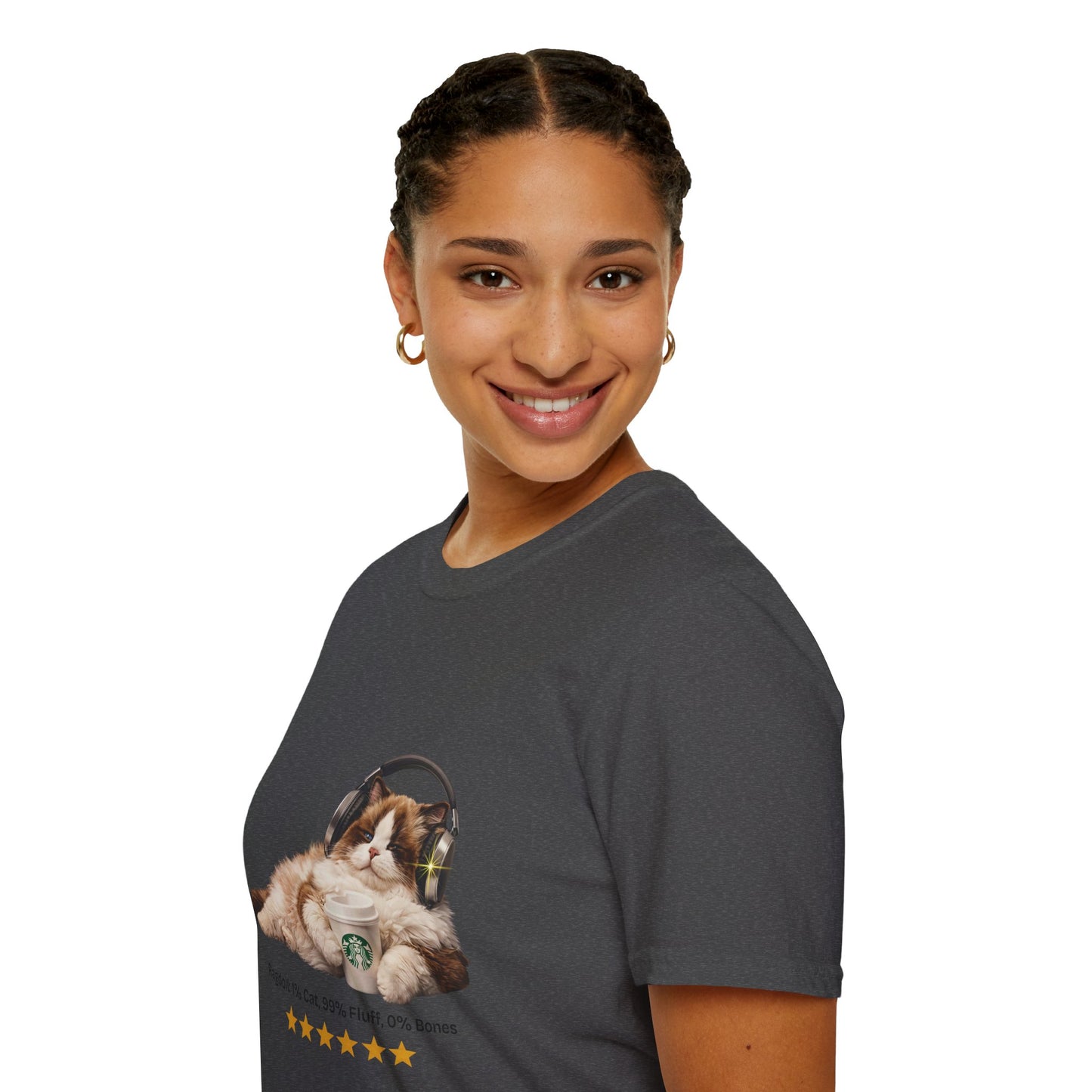 Cat Coffee Review T-Shirt — Relaxed Cat with Headphones & 5-Star Latte Tee | Gildan Softstyle 64000 Premium Tee