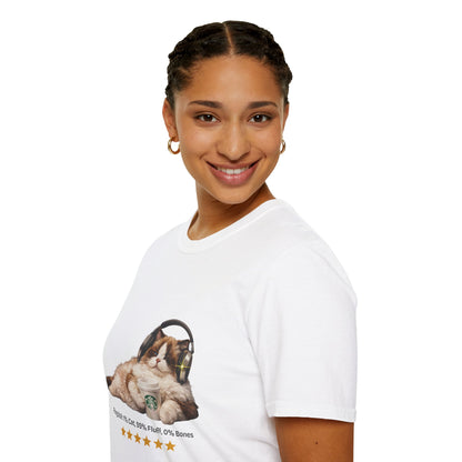 Cat Coffee Review T-Shirt — Relaxed Cat with Headphones & 5-Star Latte Tee | Gildan Softstyle 64000 Premium Tee