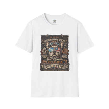 Vintage Aviator Frenchie T-Shirt | Freedom French Bulldog Pilot with Goggles | Gildan Softstyle 64000 Premium Tee