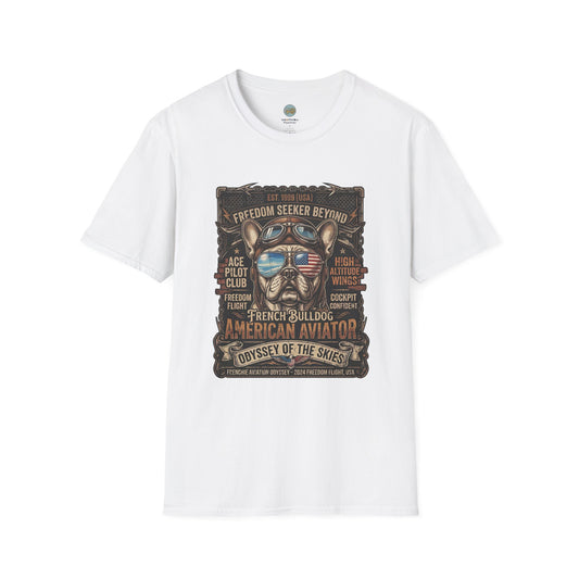 Vintage Aviator Frenchie T-Shirt | Freedom French Bulldog Pilot with Goggles | Gildan Softstyle 64000 Premium Tee