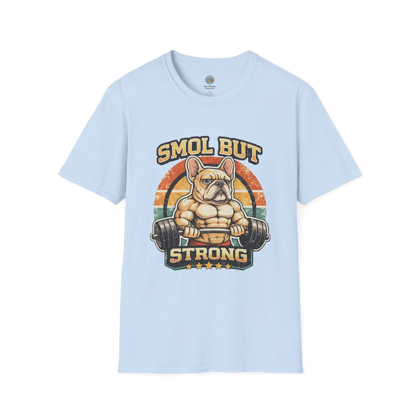 French Bulldog Gym T-Shirt | Smol But Strong - Frenchie Lifting Weights Retro Gym Vibe Design | Gildan Softstyle 64000 Premium Tee