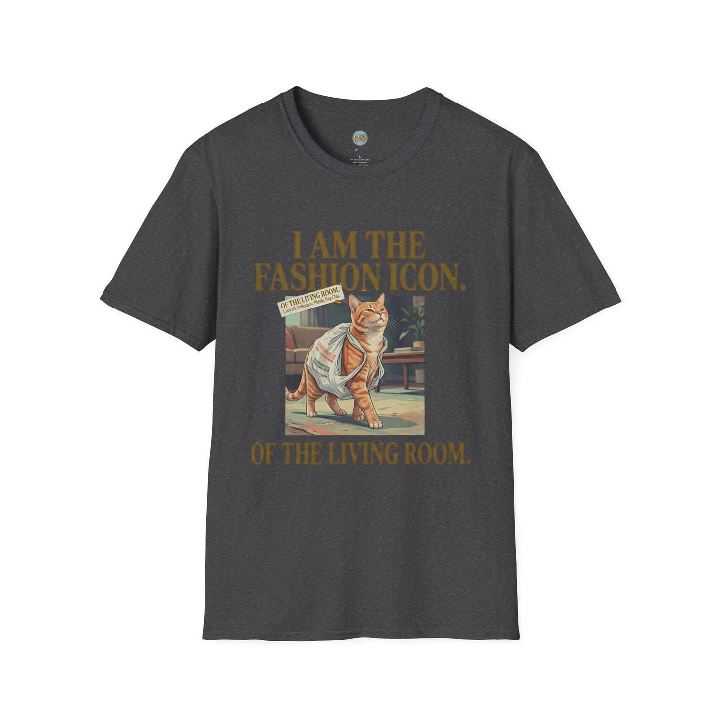 I Am The Fashion Icon Of The Living Room T-Shirt | Orange Cat in Plastic Bag | Gildan Softstyle 64000
