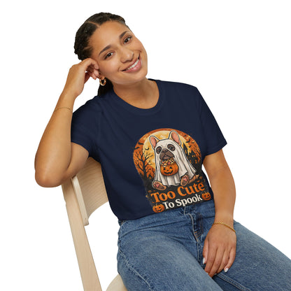 French Bulldog - Too Cute To Spook Halloween T-Shirt | Frenchie in Ghost Costume | Gildan Softstyle 64000 Premium Tee