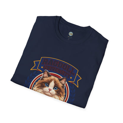 Ragdoll University T-Shirt | Vintage College Crest Style | Gildan Softstyle 64000 Premium Tee for Cat Moms and Dads