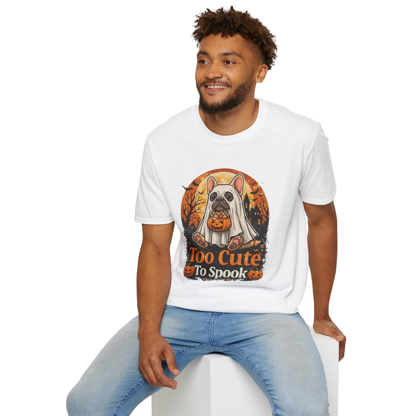 French Bulldog - Too Cute To Spook Halloween T-Shirt | Frenchie in Ghost Costume | Gildan Softstyle 64000 Premium Tee