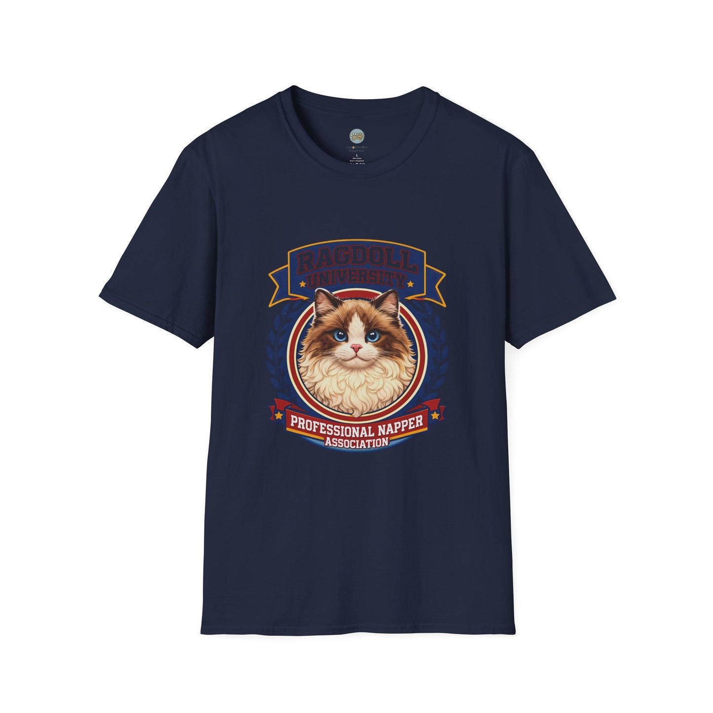 Ragdoll University T-Shirt | Vintage College Crest Style | Gildan Softstyle 64000 Premium Tee for Cat Moms and Dads