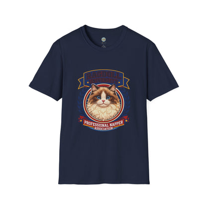 Ragdoll University T-Shirt | Vintage College Crest Style | Gildan Softstyle 64000 Premium Tee for Cat Moms and Dads