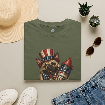 USA United States of Awesome 4th of July T-Shirt | Frenchie with 1776 Firework | Gildan Softstyle 64000