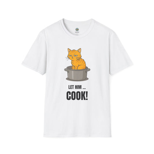 Let Him Cook Orange Cat T-Shirt | Funny Cat Sitting in Pot Meme Tee | Gildan Softstyle 64000