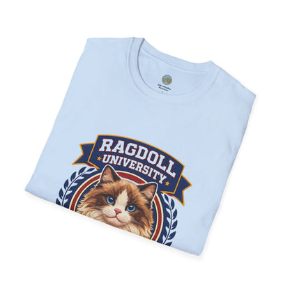 Ragdoll University T-Shirt | Vintage College Crest Style | Gildan Softstyle 64000 Premium Tee for Cat Moms and Dads