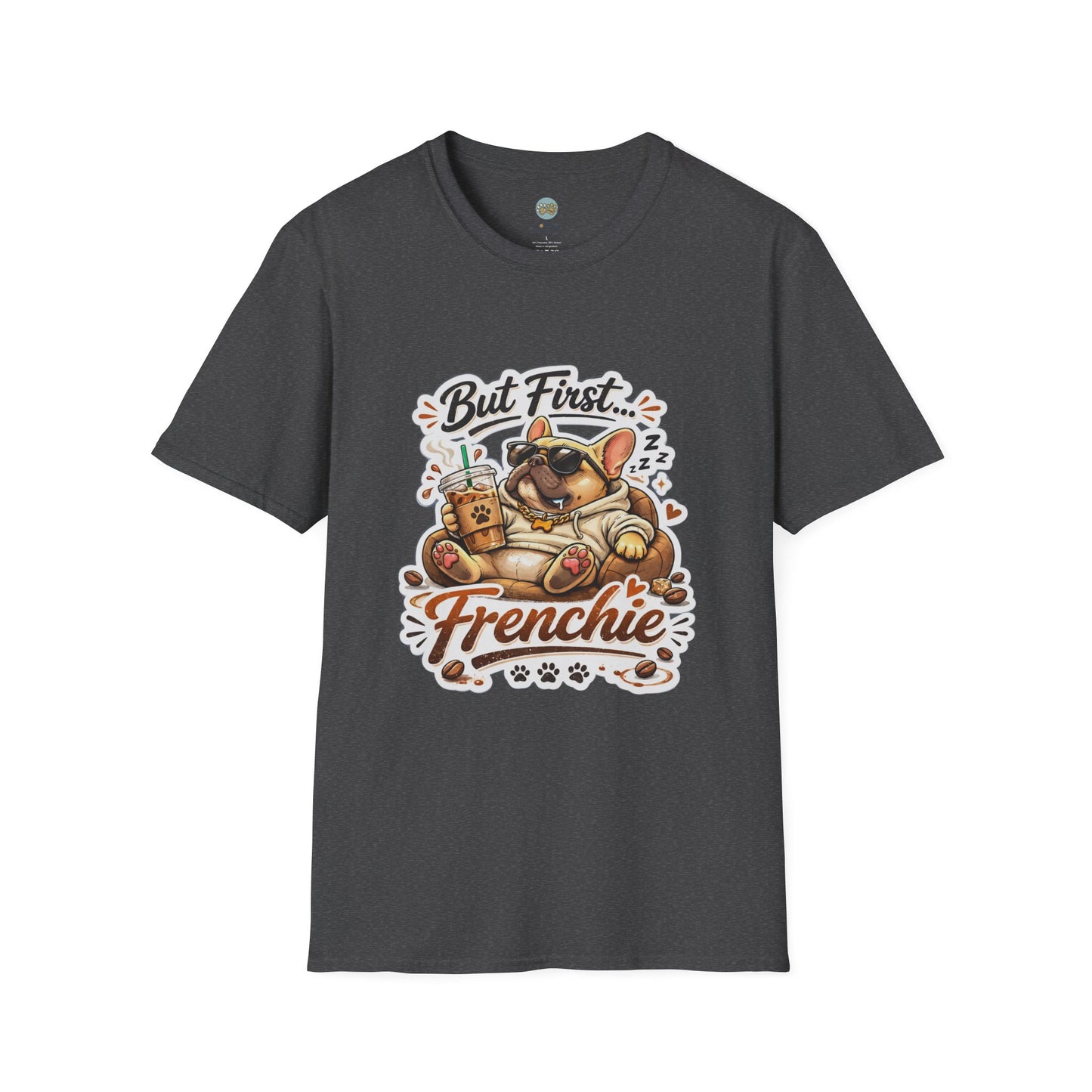 French Bulldog T-Shirt - But First Frenchie | Cute Sleeping Frenchie with Coffee Cup Morning Design | Gildan Softstyle 64000 Premium Tee