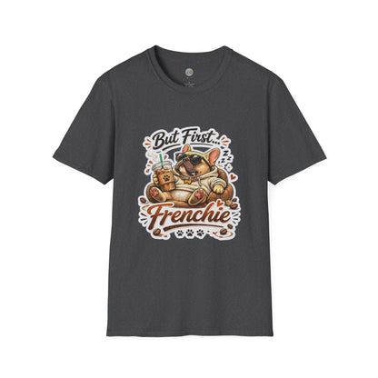 French Bulldog T-Shirt - But First Frenchie | Cute Sleeping Frenchie with Coffee Cup Morning Design | Gildan Softstyle 64000 Premium Tee