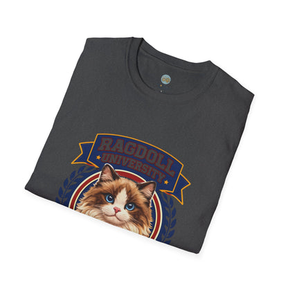 Ragdoll University T-Shirt | Vintage College Crest Style | Gildan Softstyle 64000 Premium Tee for Cat Moms and Dads
