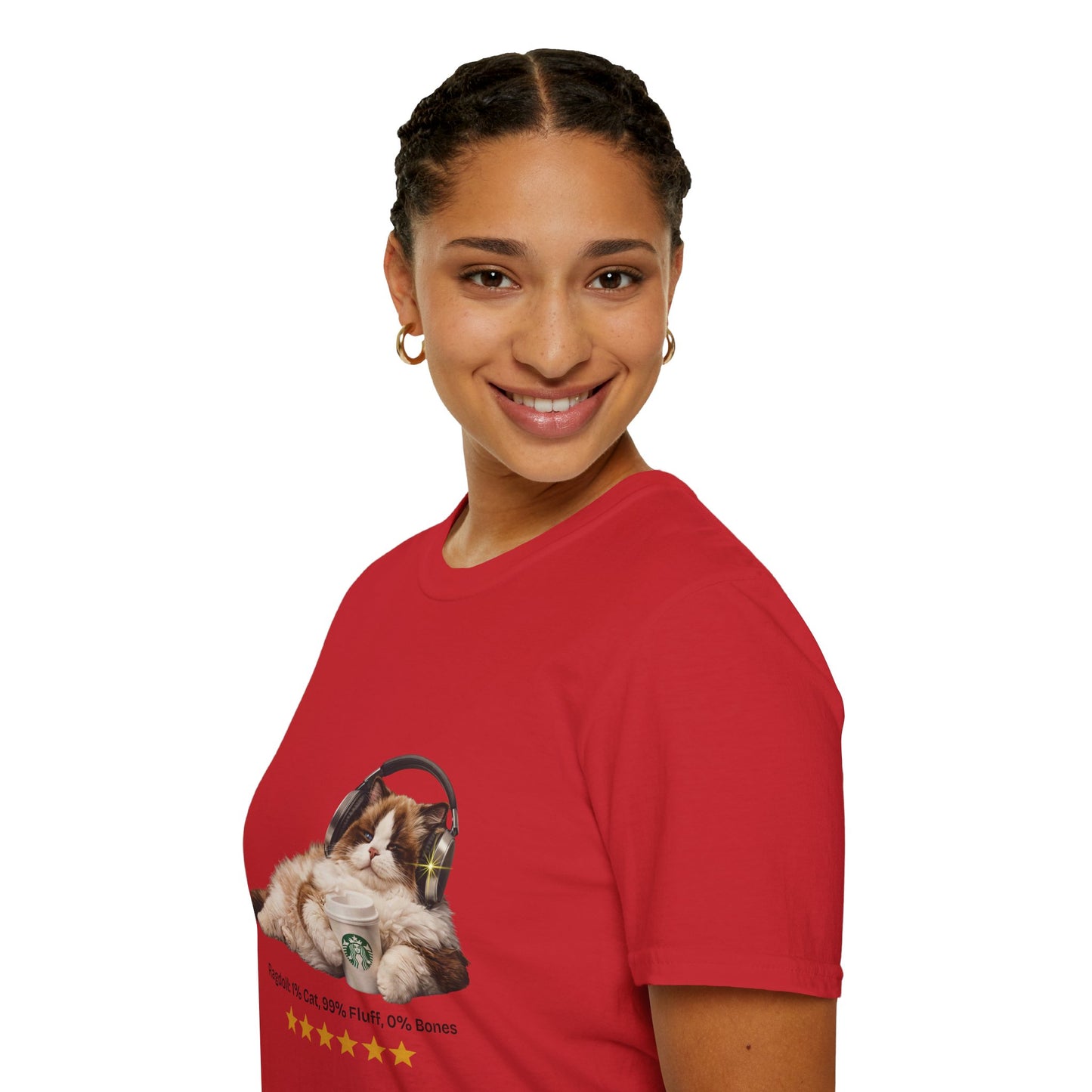 Cat Coffee Review T-Shirt — Relaxed Cat with Headphones & 5-Star Latte Tee | Gildan Softstyle 64000 Premium Tee