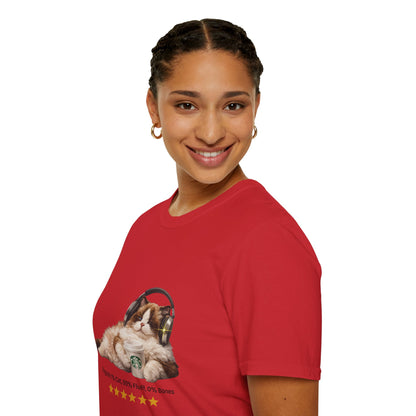 Cat Coffee Review T-Shirt — Relaxed Cat with Headphones & 5-Star Latte Tee | Gildan Softstyle 64000 Premium Tee