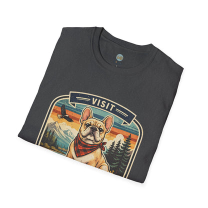 French Bulldog National Park T-Shirt | Vintage Badge Design with Mountains and Sunset for Dog Lovers | Gildan Softstyle 64000 Premium Tee
