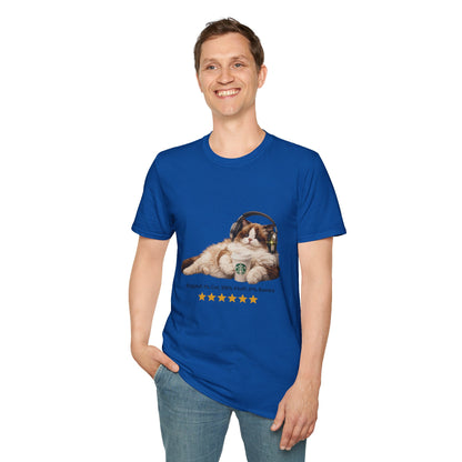 Cat Coffee Review T-Shirt — Relaxed Cat with Headphones & 5-Star Latte Tee | Gildan Softstyle 64000 Premium Tee