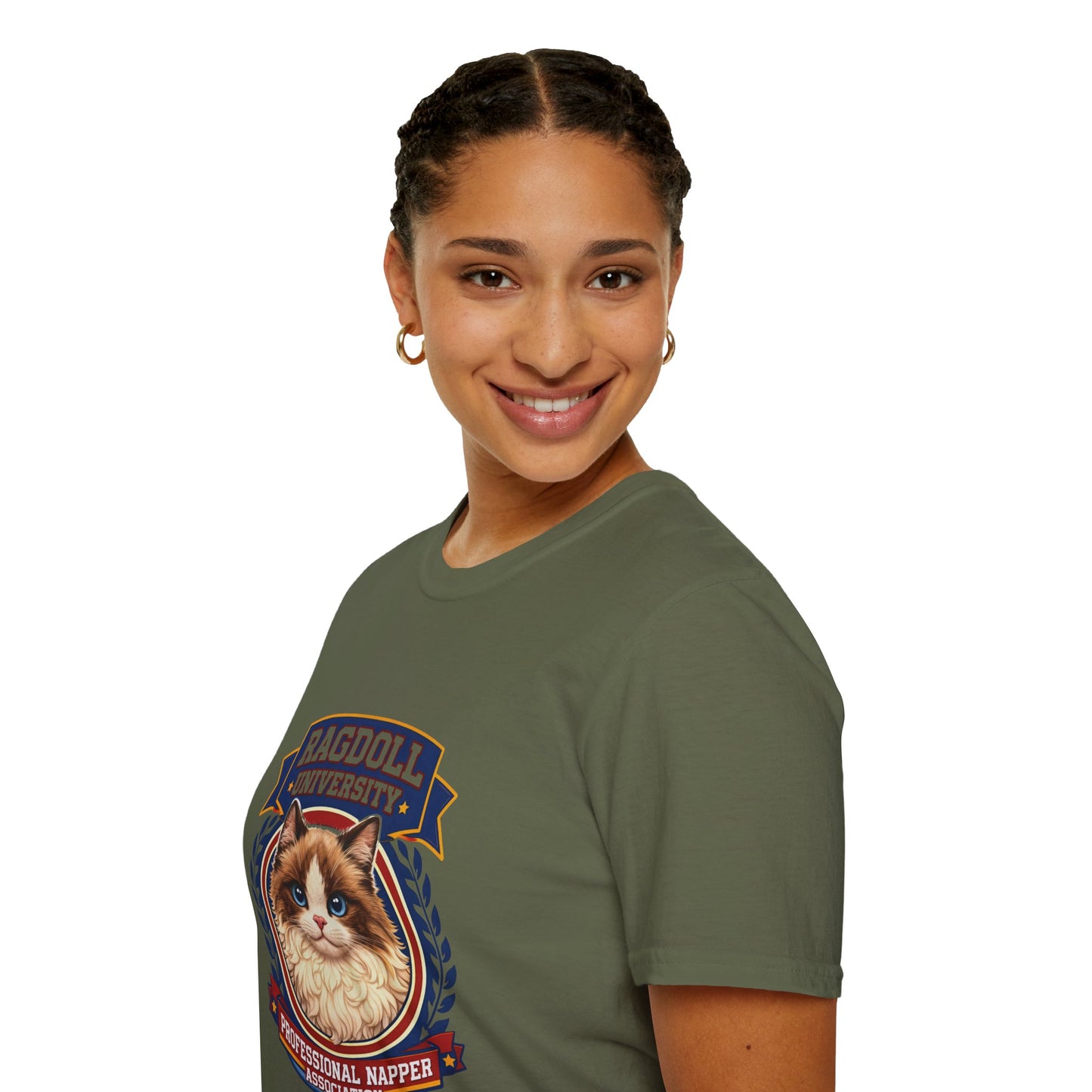 Ragdoll University T-Shirt | Vintage College Crest Style | Gildan Softstyle 64000 Premium Tee for Cat Moms and Dads