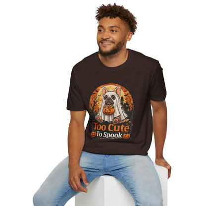 French Bulldog - Too Cute To Spook Halloween T-Shirt | Frenchie in Ghost Costume | Gildan Softstyle 64000 Premium Tee