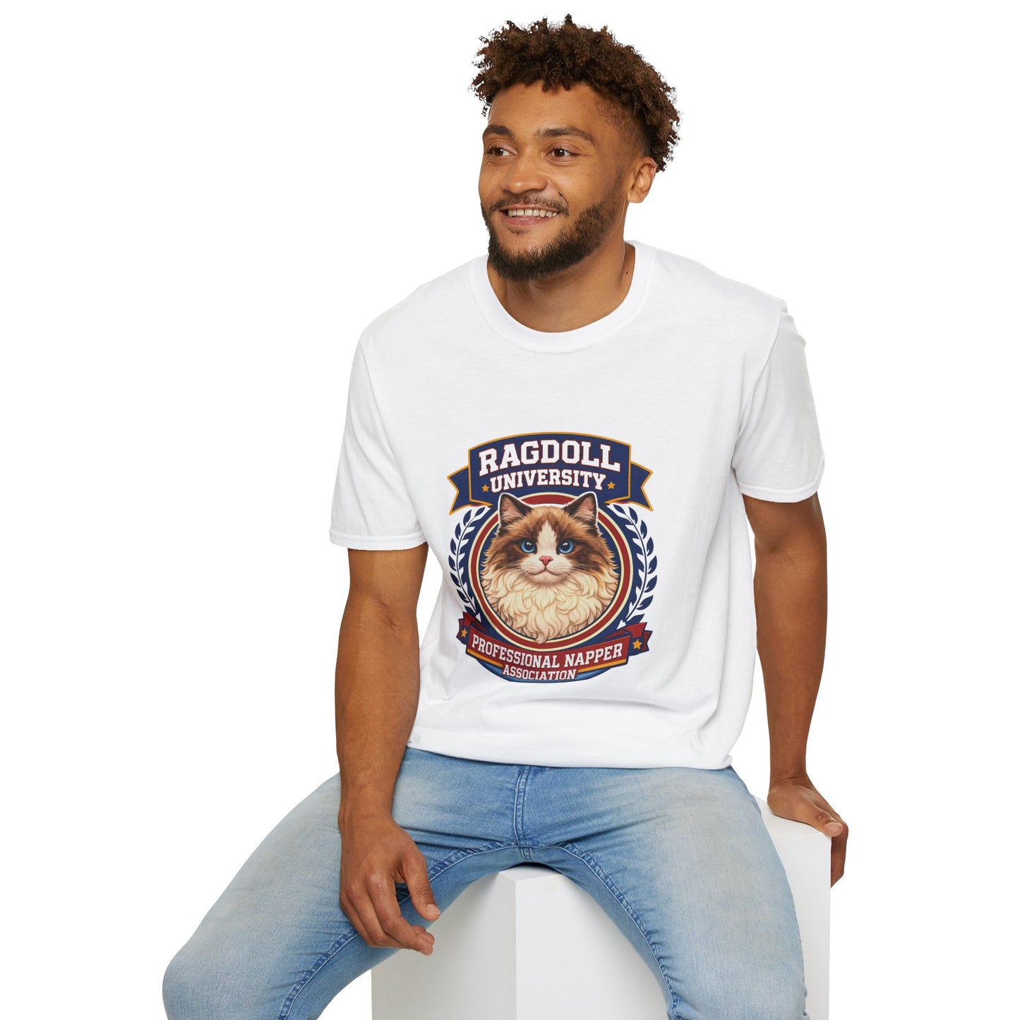 Ragdoll University T-Shirt | Vintage College Crest Style | Gildan Softstyle 64000 Premium Tee for Cat Moms and Dads