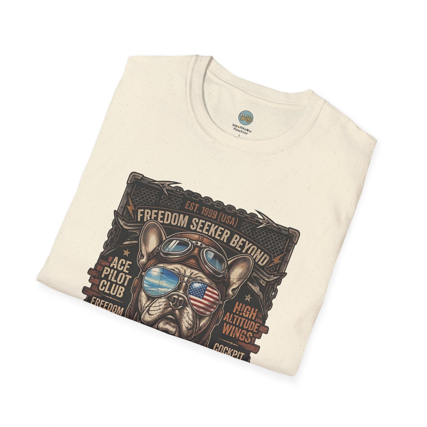 Vintage Aviator Frenchie T-Shirt | Freedom French Bulldog Pilot with Goggles | Gildan Softstyle 64000 Premium Tee
