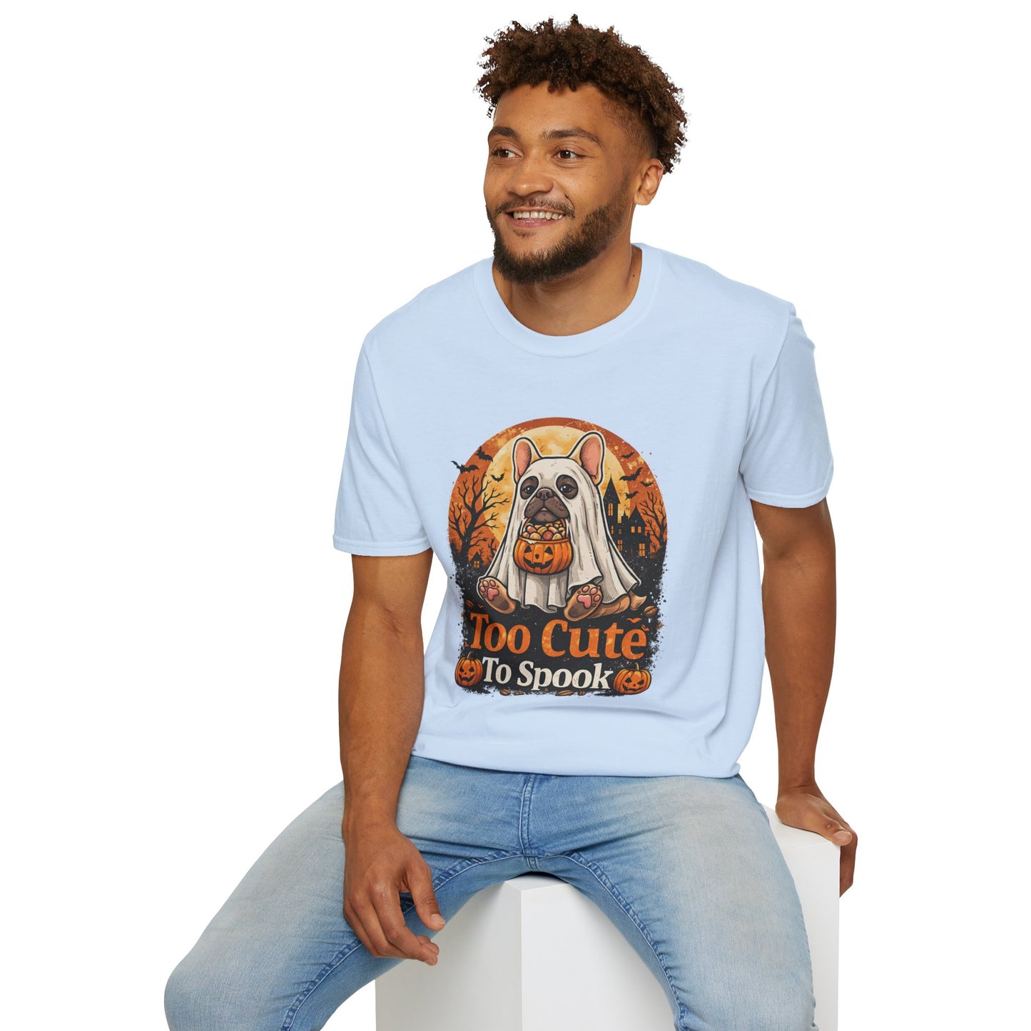French Bulldog - Too Cute To Spook Halloween T-Shirt | Frenchie in Ghost Costume | Gildan Softstyle 64000 Premium Tee