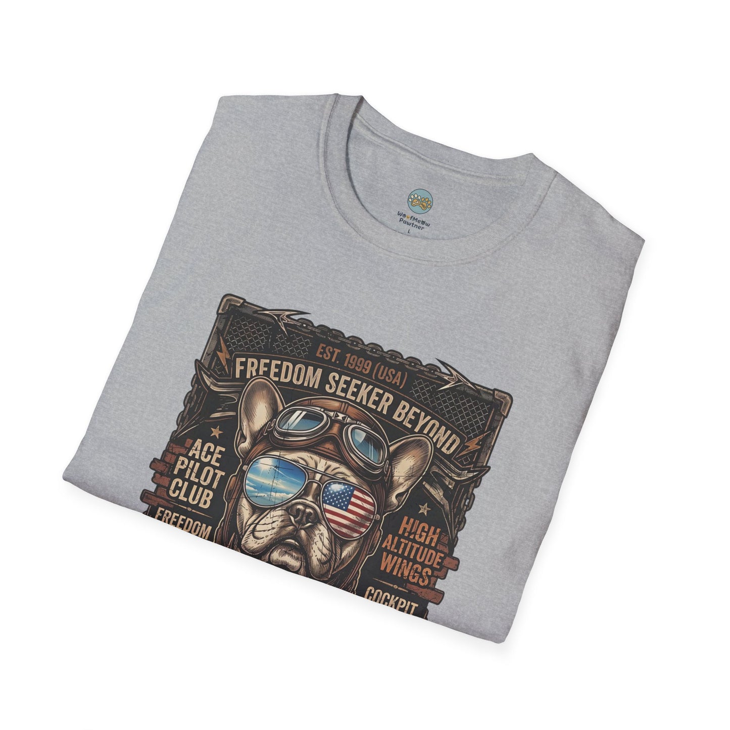 Vintage Aviator Frenchie T-Shirt | Freedom French Bulldog Pilot with Goggles | Gildan Softstyle 64000 Premium Tee