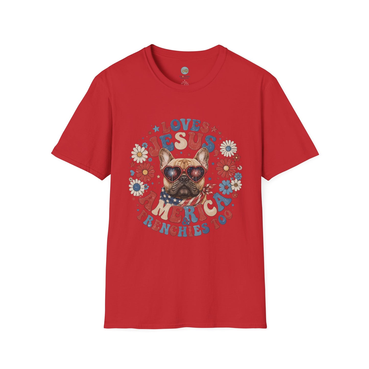 Loves Jesus America and Frenchie Too T-Shirt | French Bulldog Dog Mom Design | Gildan Softstyle 64000