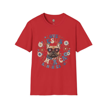 Loves Jesus America and Frenchie Too T-Shirt | French Bulldog Dog Mom Design | Gildan Softstyle 64000