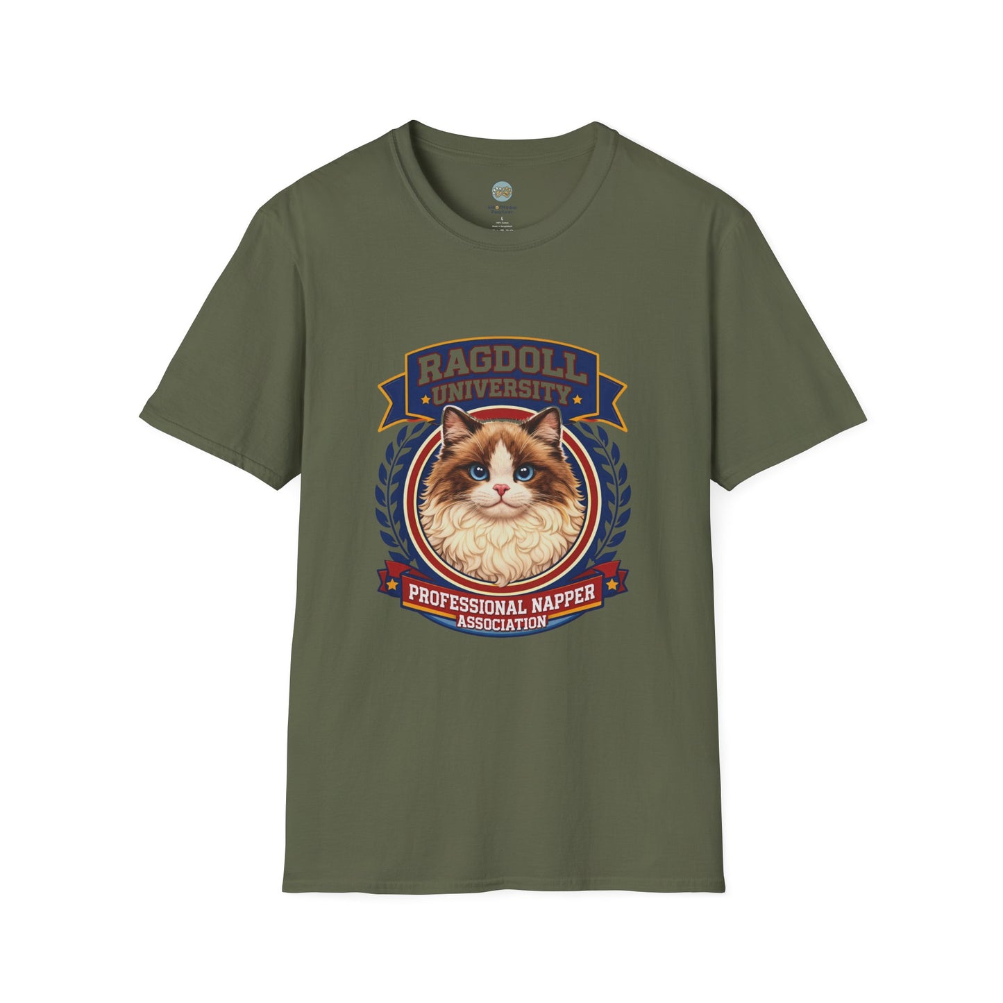 Ragdoll University T-Shirt | Vintage College Crest Style | Gildan Softstyle 64000 Premium Tee for Cat Moms and Dads