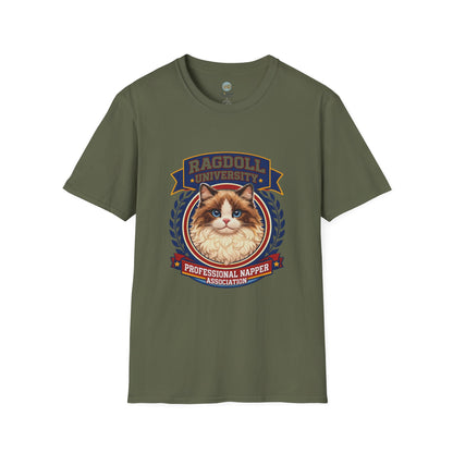 Ragdoll University T-Shirt | Vintage College Crest Style | Gildan Softstyle 64000 Premium Tee for Cat Moms and Dads