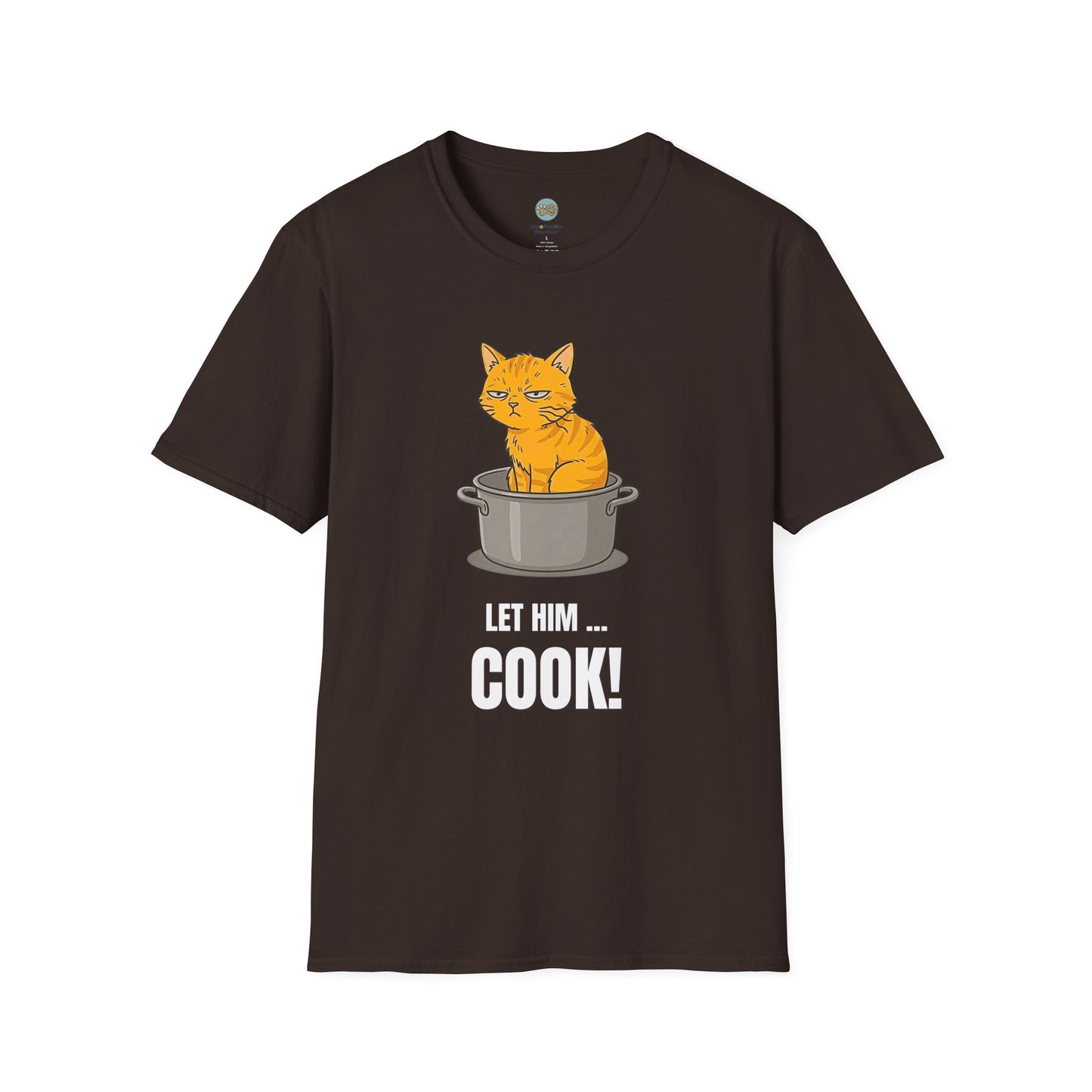 Let Him Cook Orange Cat T-Shirt | Funny Cat Sitting in Pot Meme Tee | Gildan Softstyle 64000